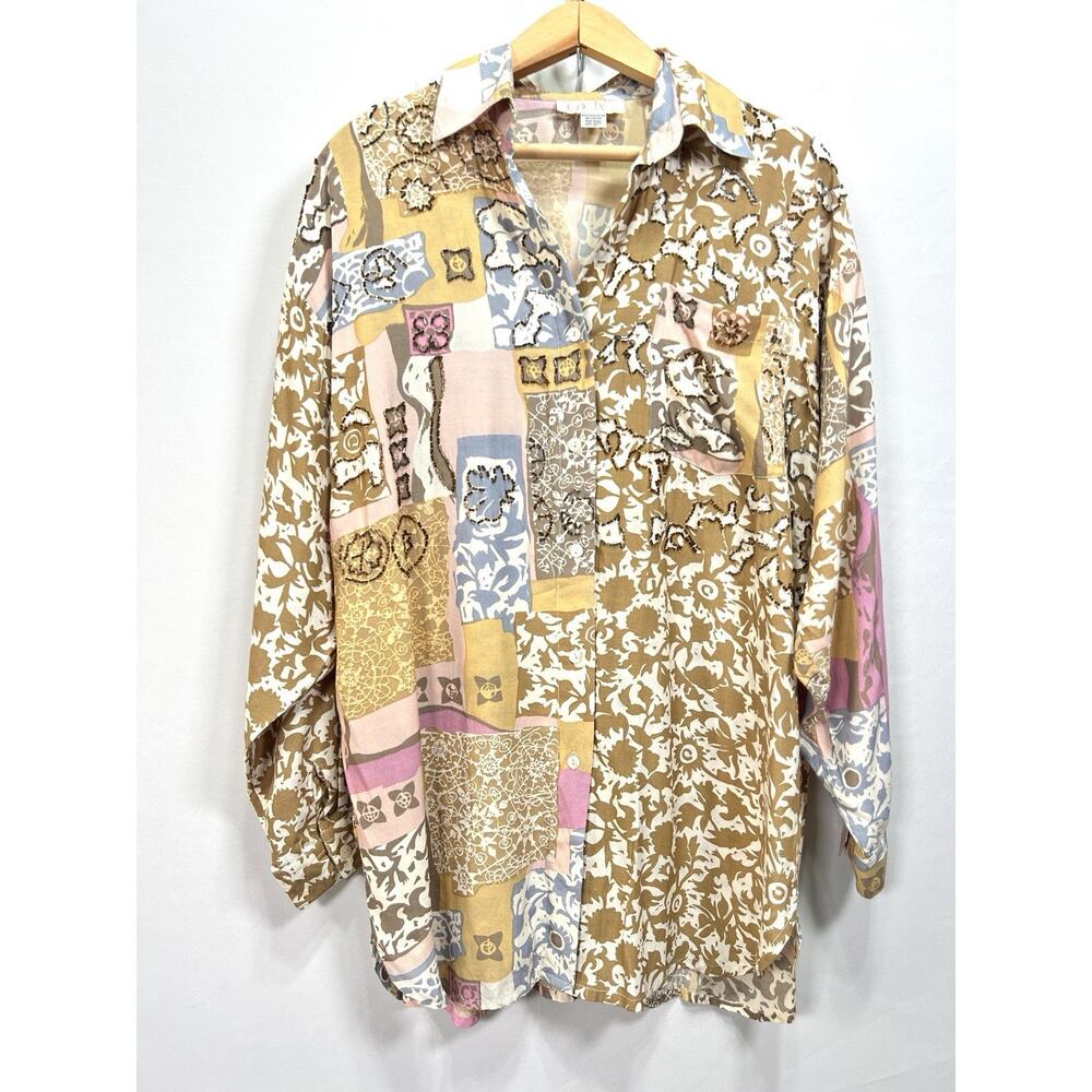 Vintage 90s Cache Beaded Patchwork Boho Lagenlook Button Shirt Top Women’s L/XL‎ - Picture 4 of 11